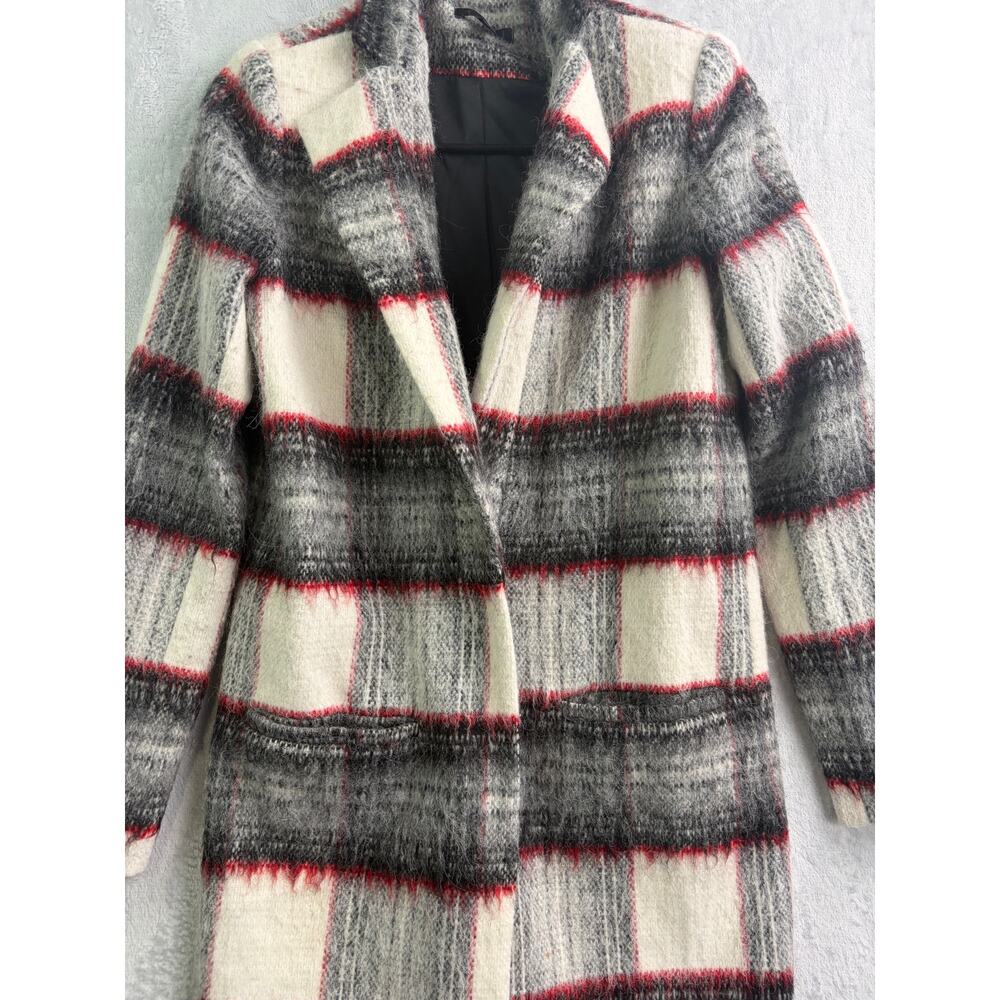 Joe's Jeans Alister Plaid Cream/Charcoal/Red Wool Blend Long Coat - Size XS - Picture 5 of 10